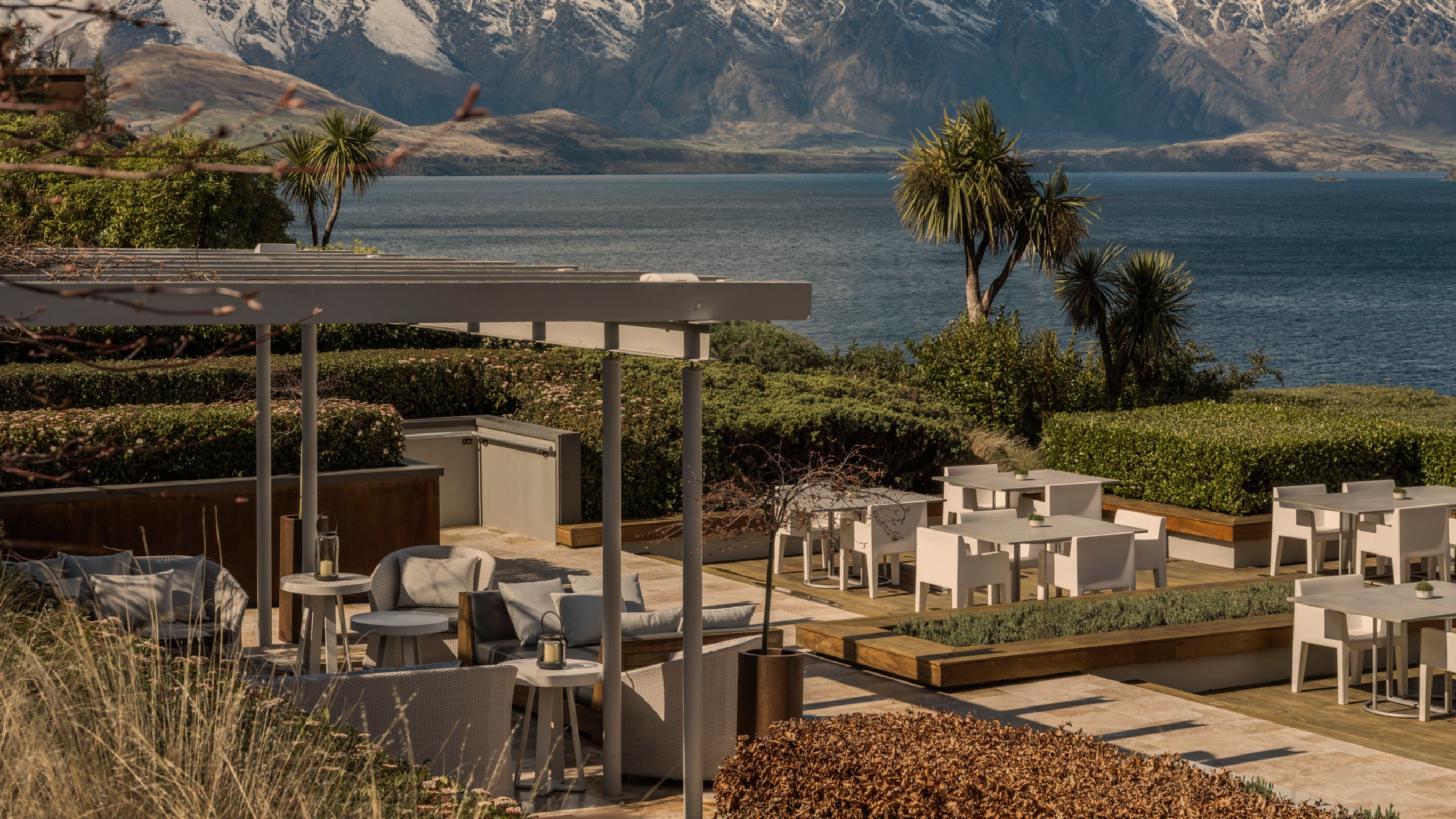 Remarkables Terrace dining area with view of mountains